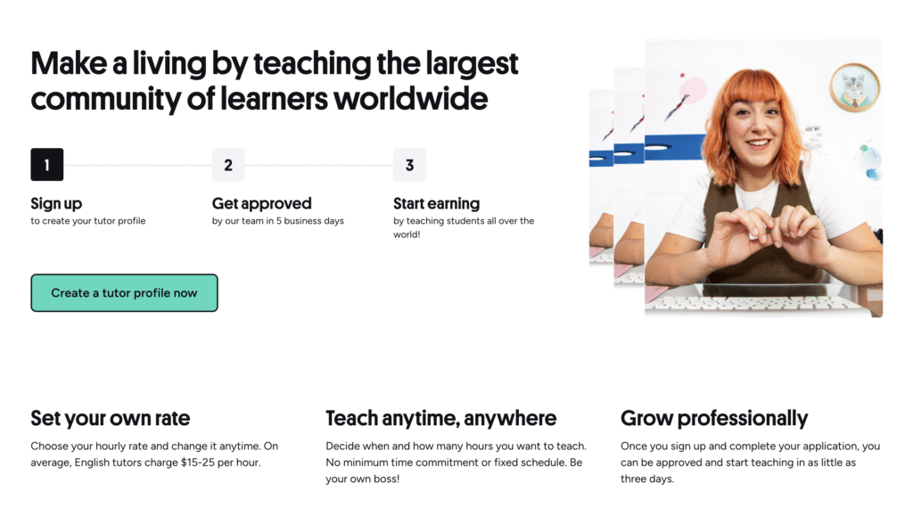 Preply homepage featuring A woman gesturing while sitting at a desk with a computer, surrounded by artwork, promoting online tutoring opportunities.