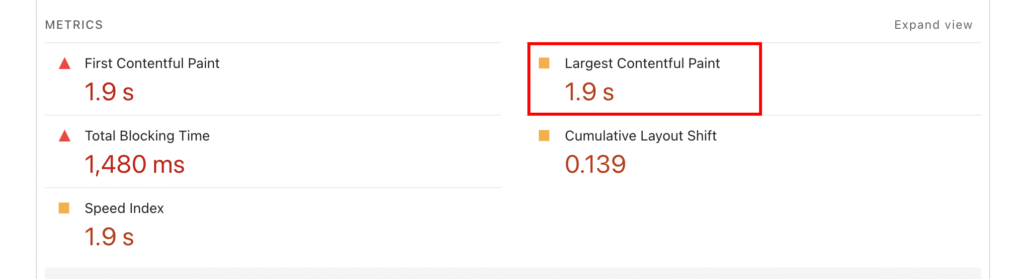 Metrics display showing website performance: Largest Contentful Paint, 1.9s; First Contentful Paint, 1.9s; Total Blocking Time, 1,480ms; Speed Index, 1.9s.