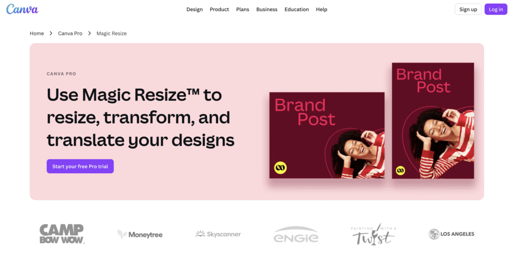 A promotional image for Canva's Magic Resize™ feature showcases two brand posts with a pink background and a "Start your free Pro trial" button.
