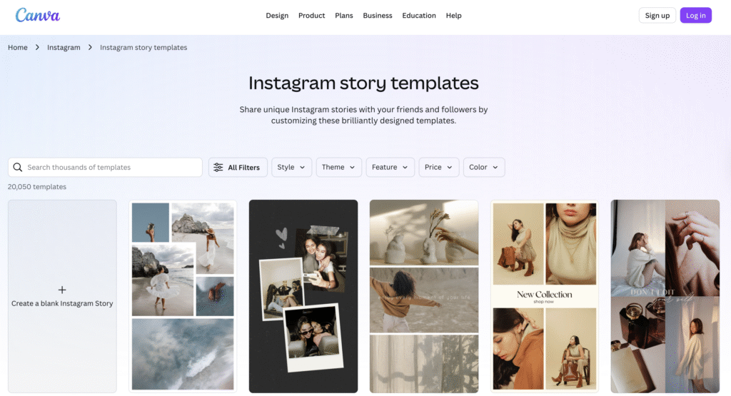 A web page showcasing various Instagram story templates for customization, featuring diverse layouts and design styles.