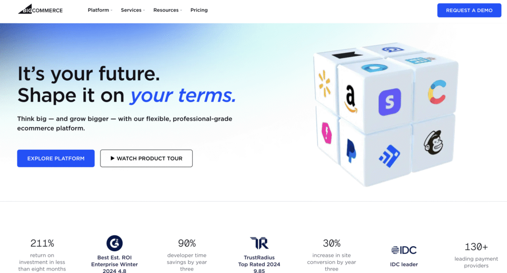 BigCommerce homepage featuring the headline “It’s your future. Shape it on your terms.” with buttons to explore the platform or watch a product tour.