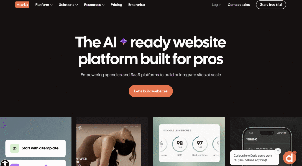 Duda homepage with the headline “The AI ready website platform built for pros” and a “Let’s build websites” button.
