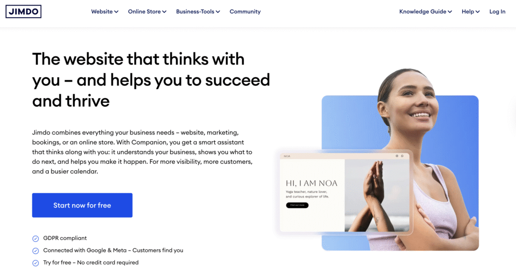 Jimdo homepage with the headline “The website that thinks with you” and a “Start now for free” call-to-action.