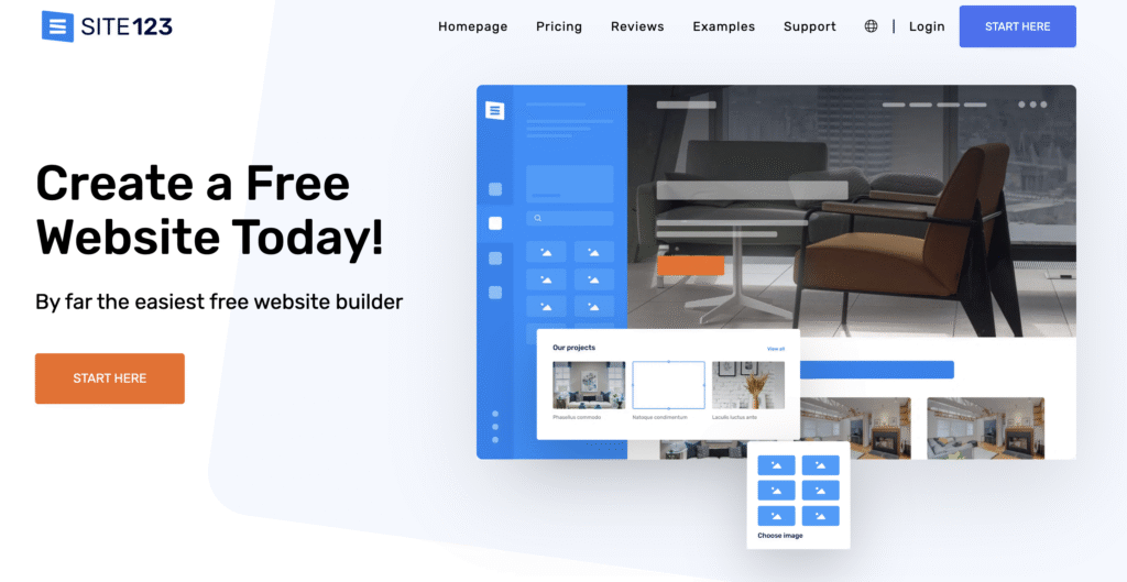SITE123 homepage with the headline “Create a Free Website Today!” and a “Start here” button.