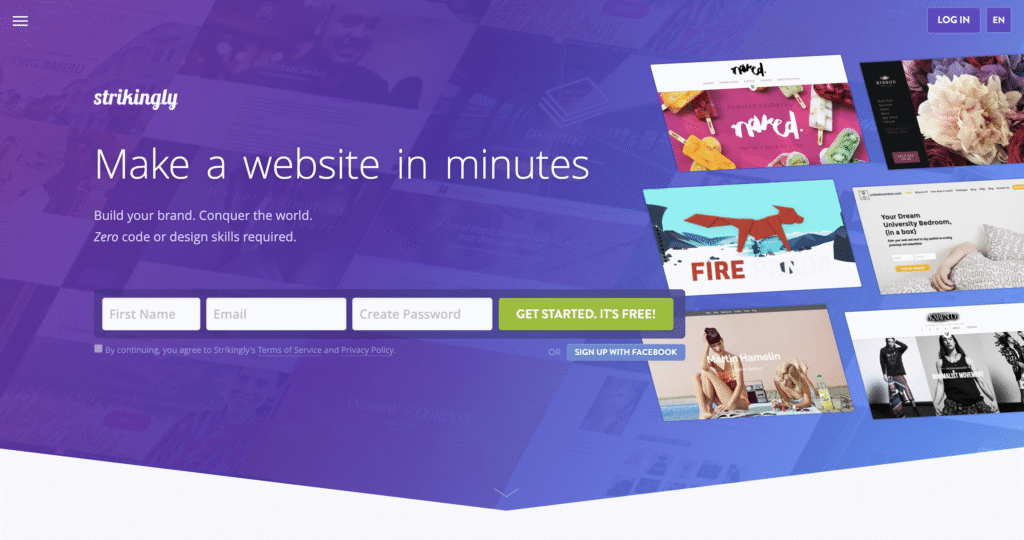 Strikingly homepage with the headline “Make a website in minutes” and a sign-up form.