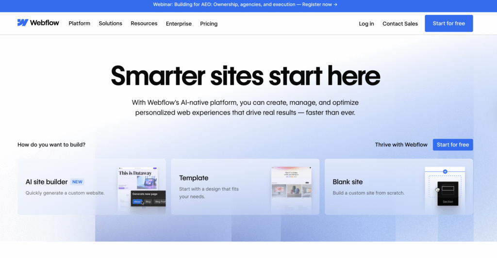 Webflow homepage with the headline “Smarter sites start here” and options to start with an AI site builder, a template, or a blank site.