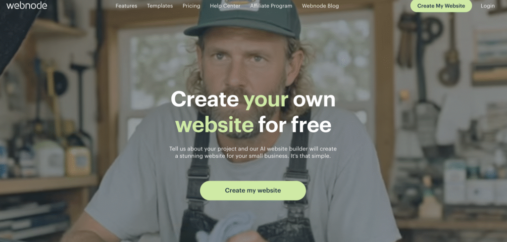Webnode landing page featuring a person in a workshop, showcasing tools and a call-to-action button for users to start building a website.