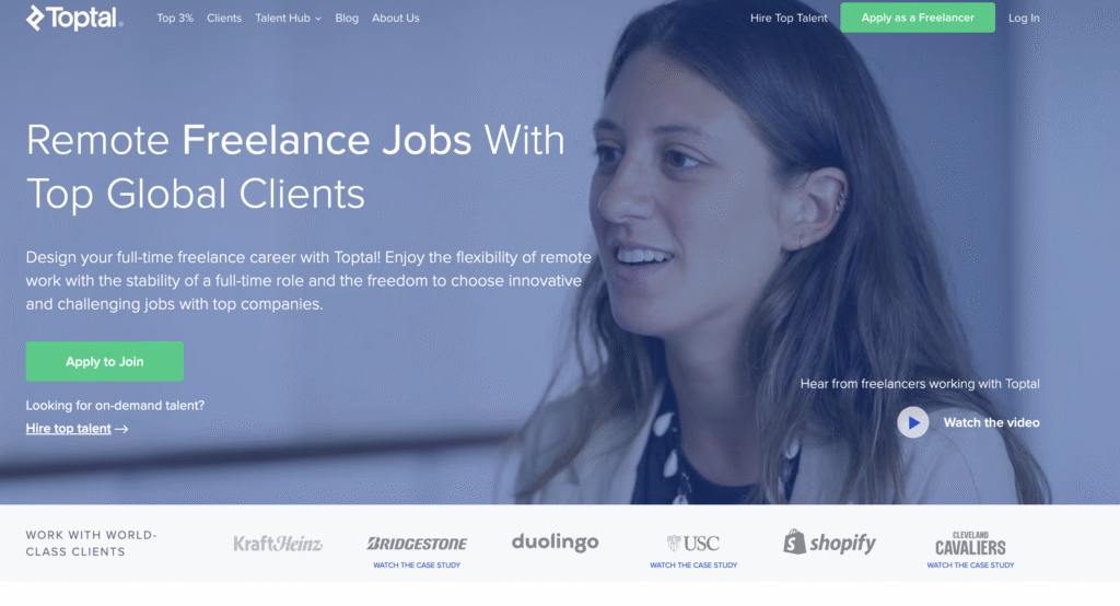 Toptal homepage advertising remote freelance jobs with top global clients, featuring call-to-action buttons and client logos.