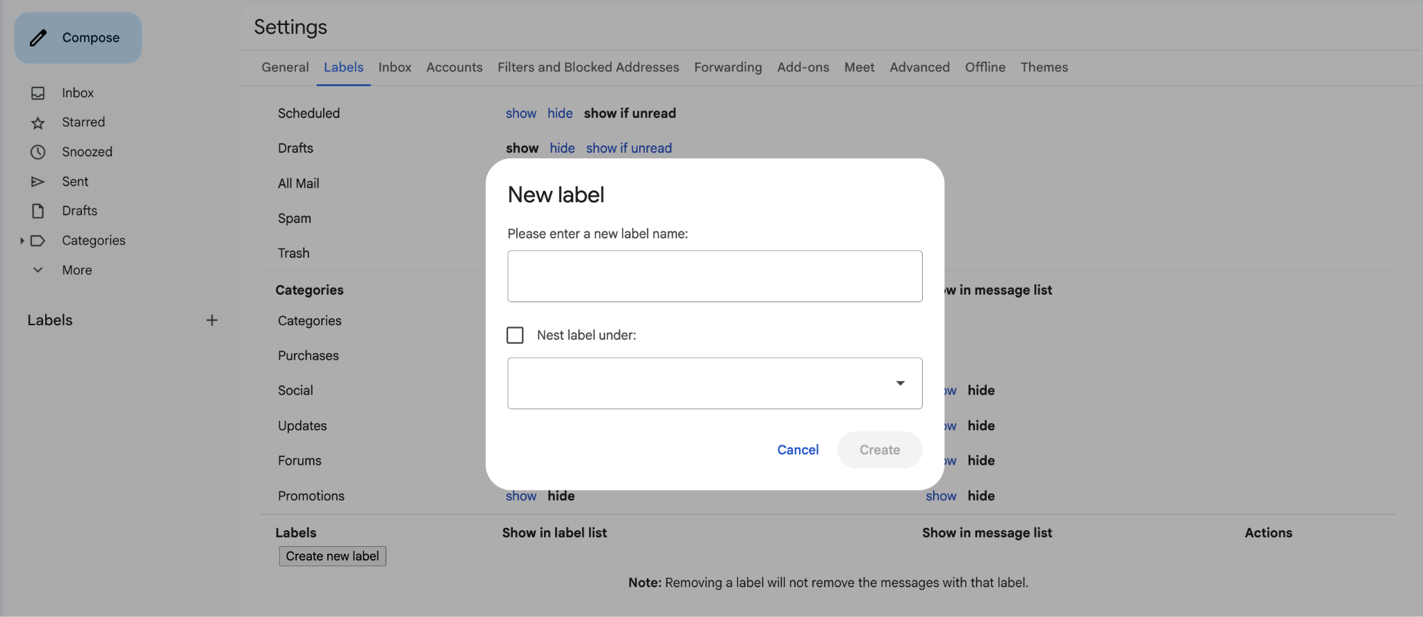 Nest label under in Gmail, accessed by going to Settings → Labels → Create new label