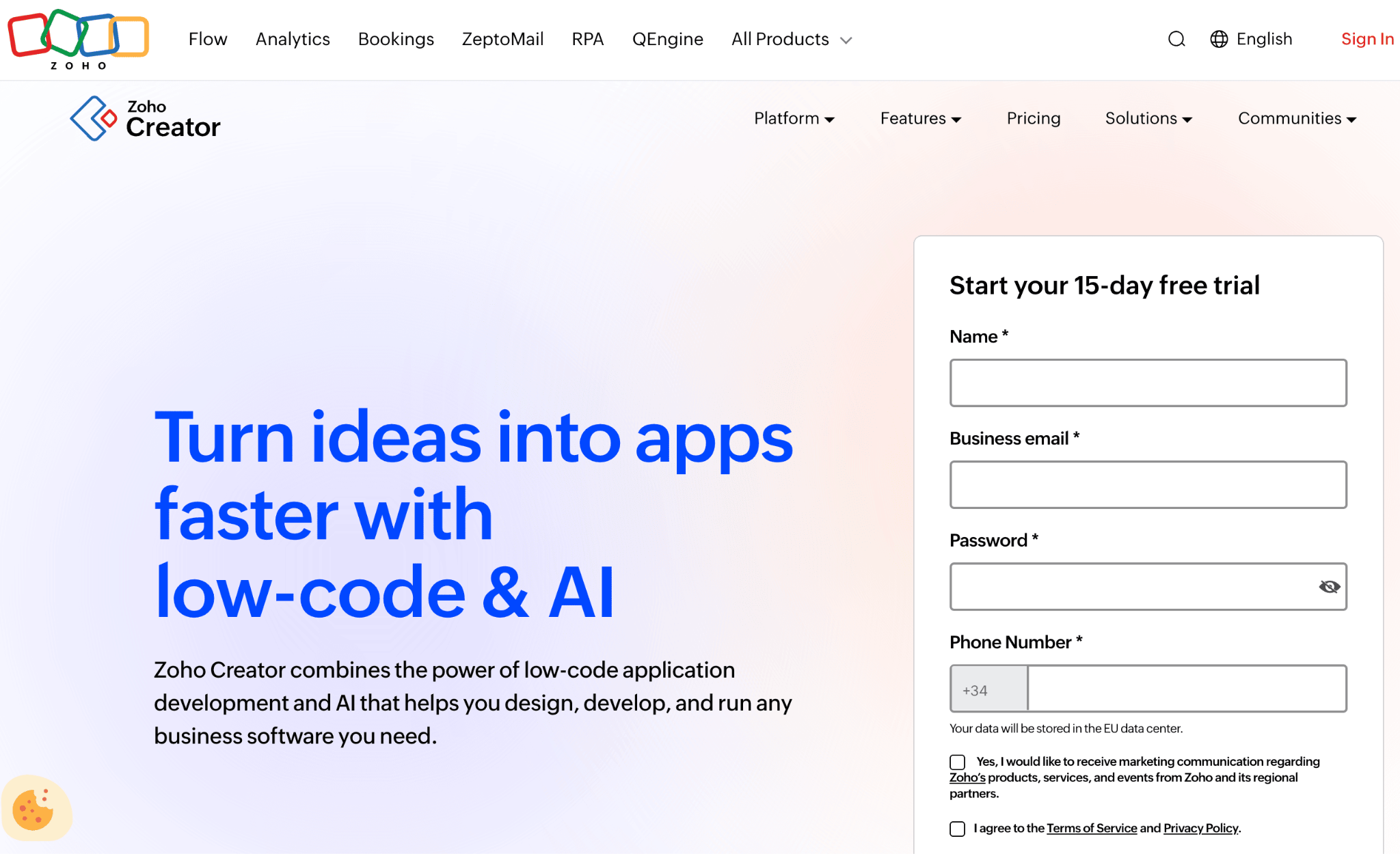 Homepage of Zoho