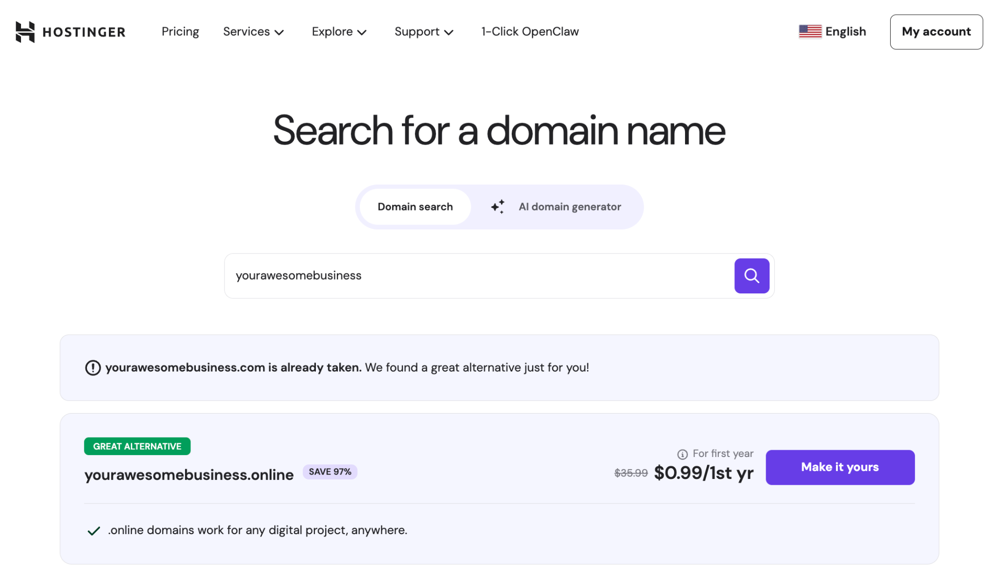 Hostinger domain search page showing a query for "your awesome business"