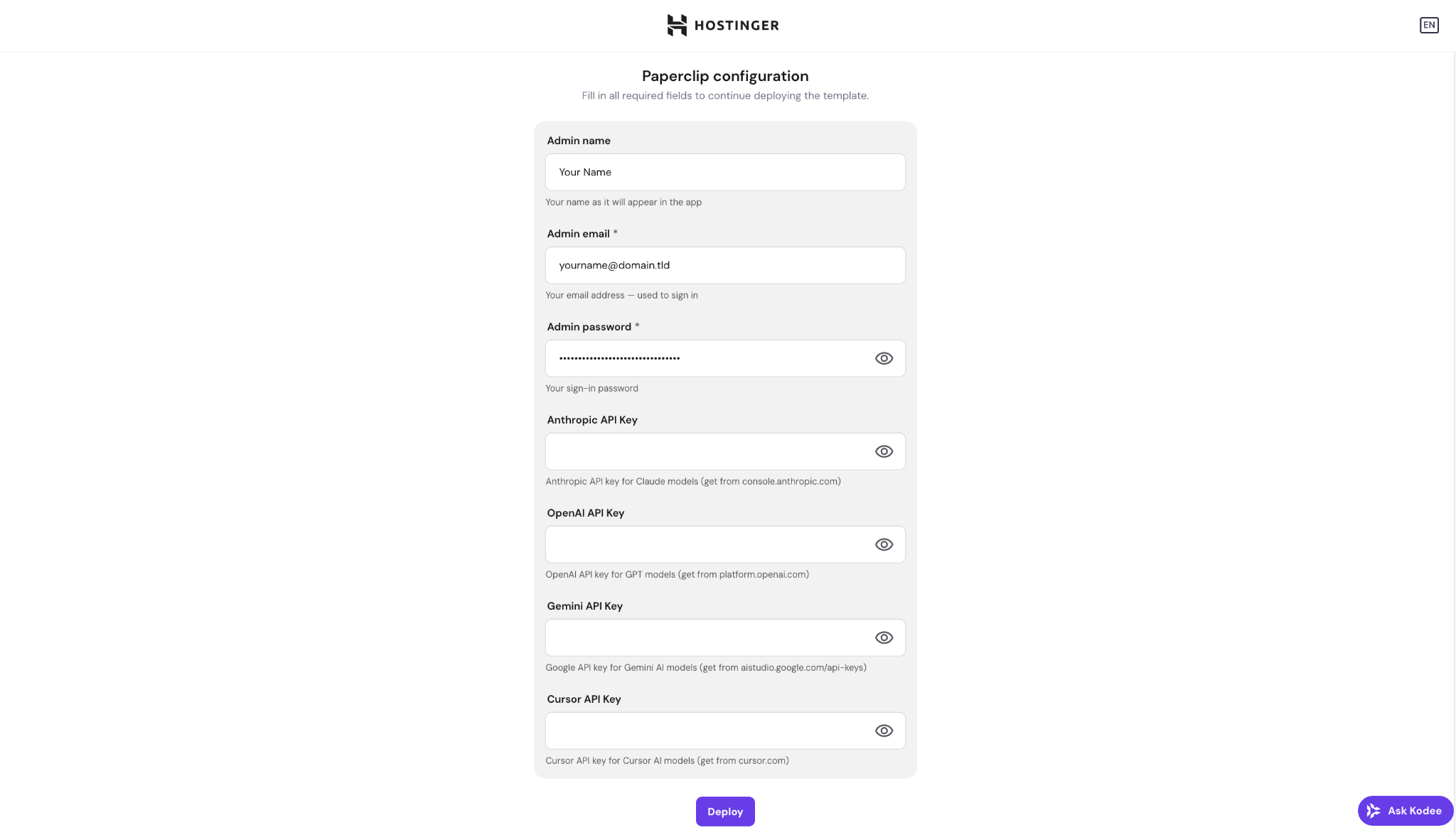 Hostinger's one-click Paperclip installation configuration page