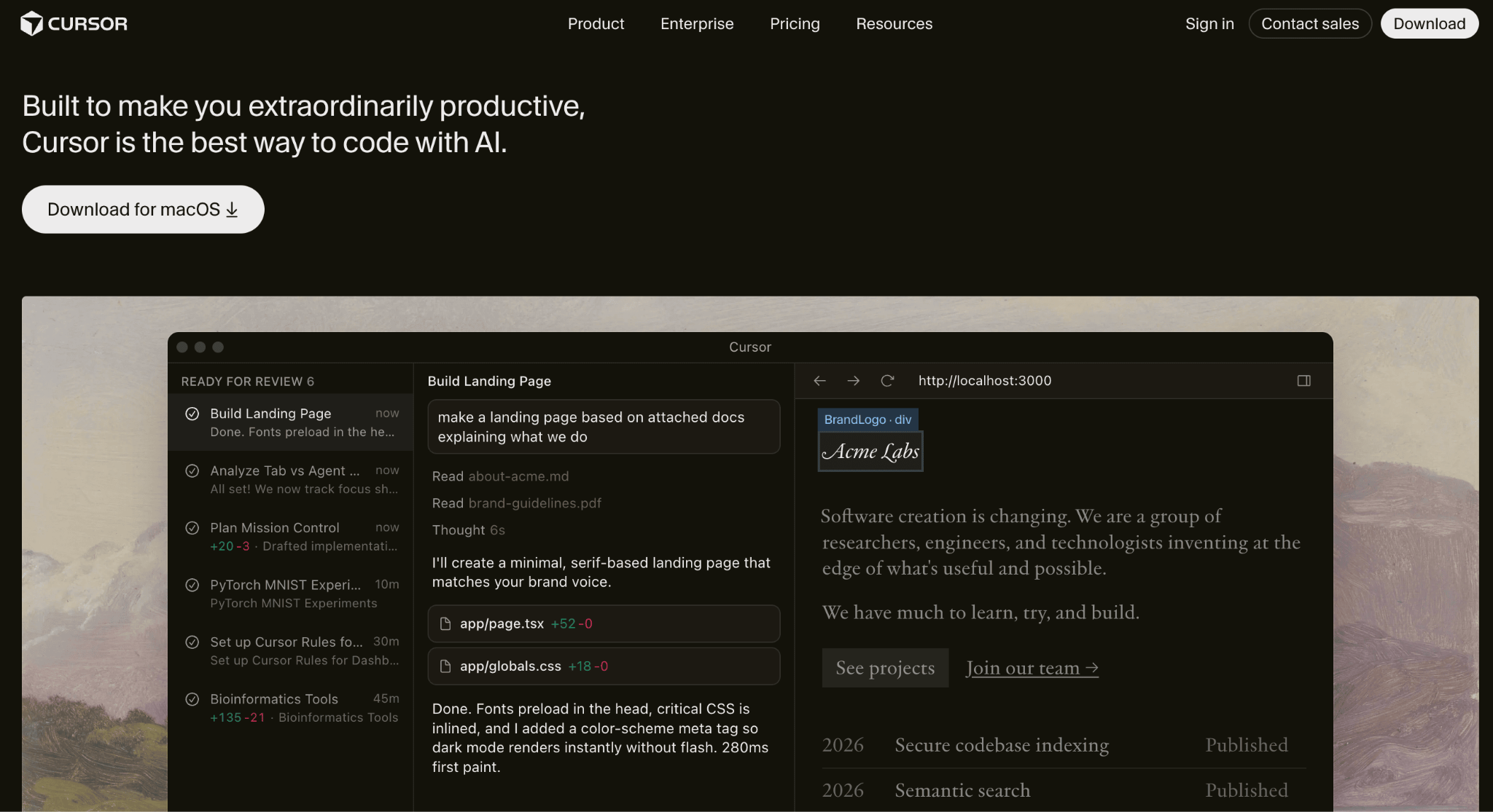 Homepage of Cursor