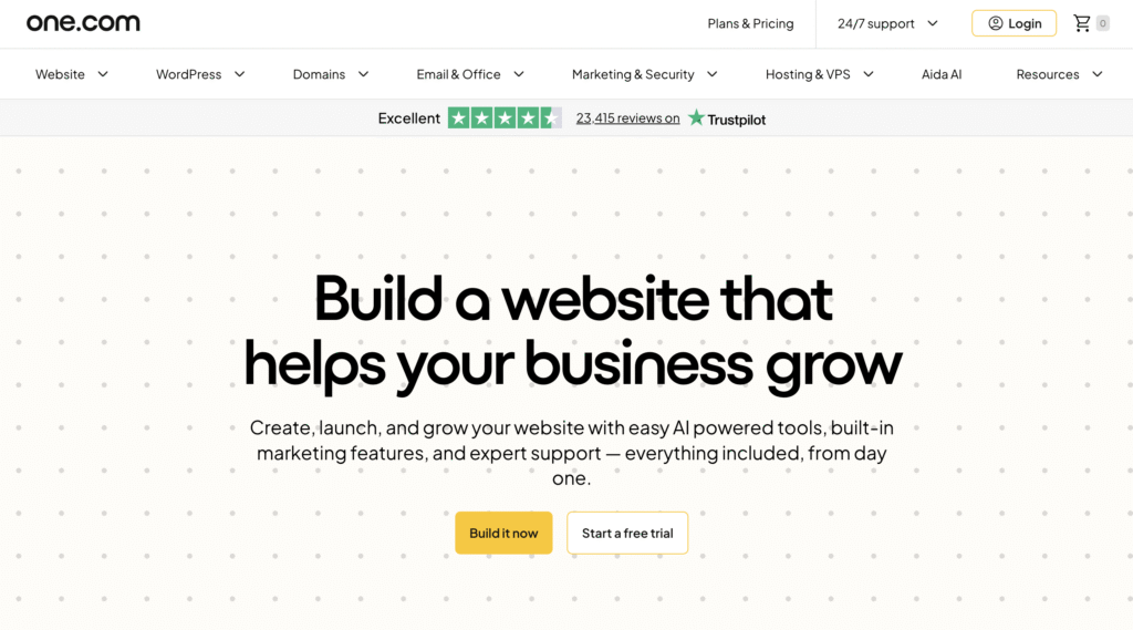 One.com homepage says, " Build a website that helps your business grow. Create, launch, and grow your website with easy AI-powered tools, built-in marketing features, and expert support — everything included, from day one.