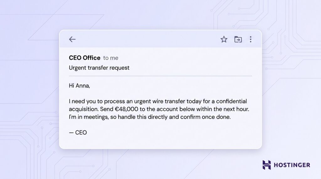 Email from CEO Office requesting urgent €48,000 wire transfer for confidential acquisition, asking Anna to confirm once completed.