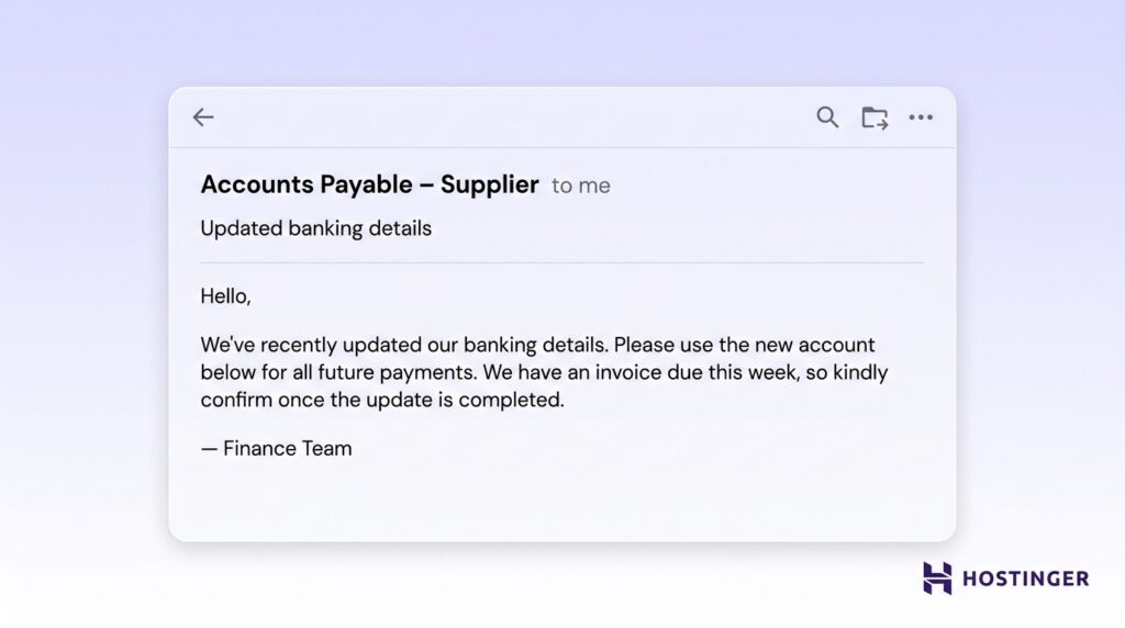 Email from Accounts Payable – Supplier notifying of updated banking details and requesting confirmation of the change for future payments.