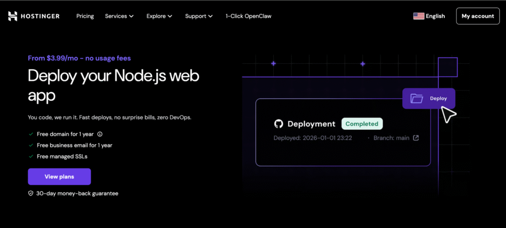 Landing page of Hostinger web apps hosting 