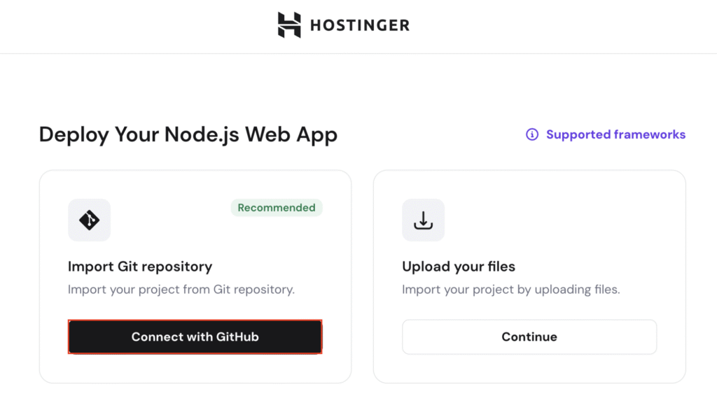 hpanel-deploy-your-node-js-web-app-connect-with-github The Connect with GitHub option in hPanel's Node.js web app deployment menu