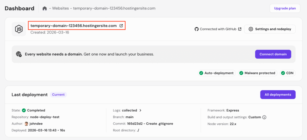hpanel-node-js-websites-temporary-domain-highlighted The temporary domain in the Node.js dashboard of hPanel