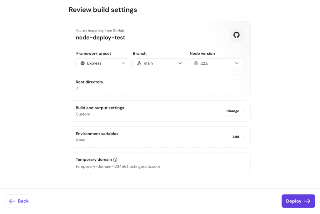 hpanel-review-build-settings The Review build settings dialog in hPanel's Node.js web app deployment menu