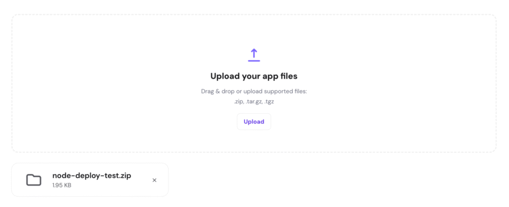 hpanel-upload-your-app-files The Upload your app files option in hPanel's Node.js web app deployment menu
