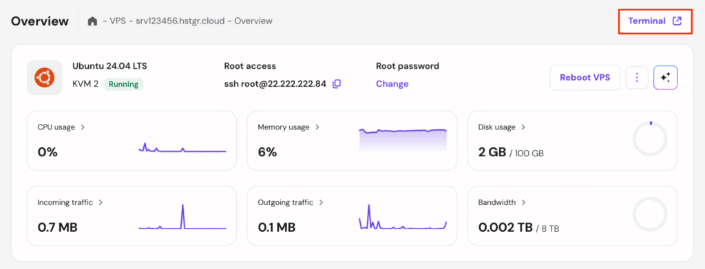 hpanel-vps-overview-terminal-highlighted The browser terminal button in hPanel's VPS dashboard