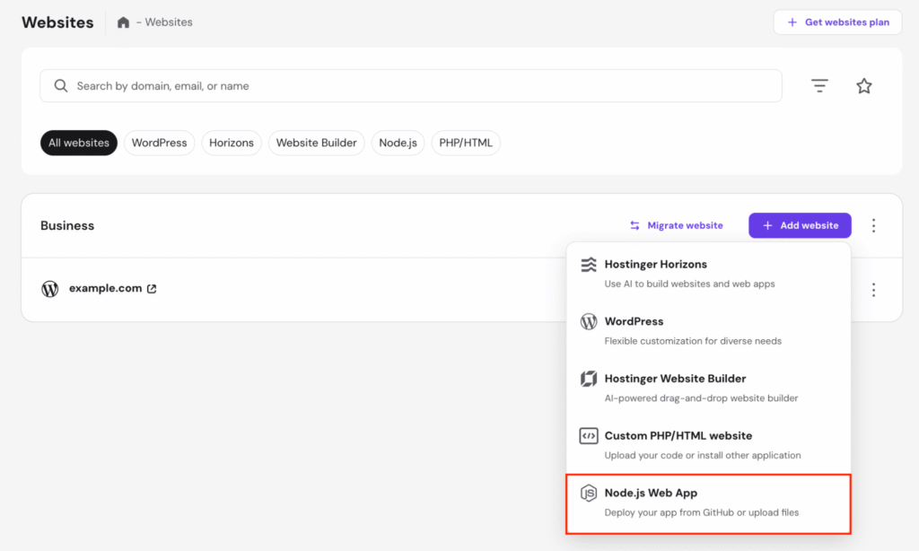 hpanel-websites-node-js-web-app-highlighted The Node.js Web App option in hPanel's Websites menu