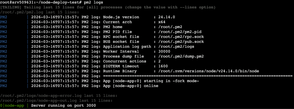 terminal-pm2-logs The pm2 logs command's output in the terminal