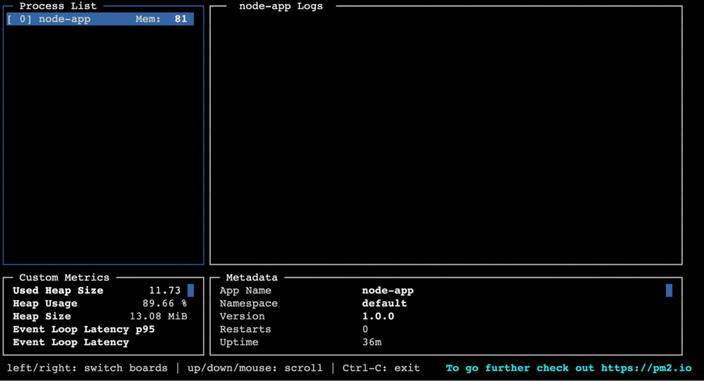 terminal-pm2-monit The pm2 monit command's log in the terminal