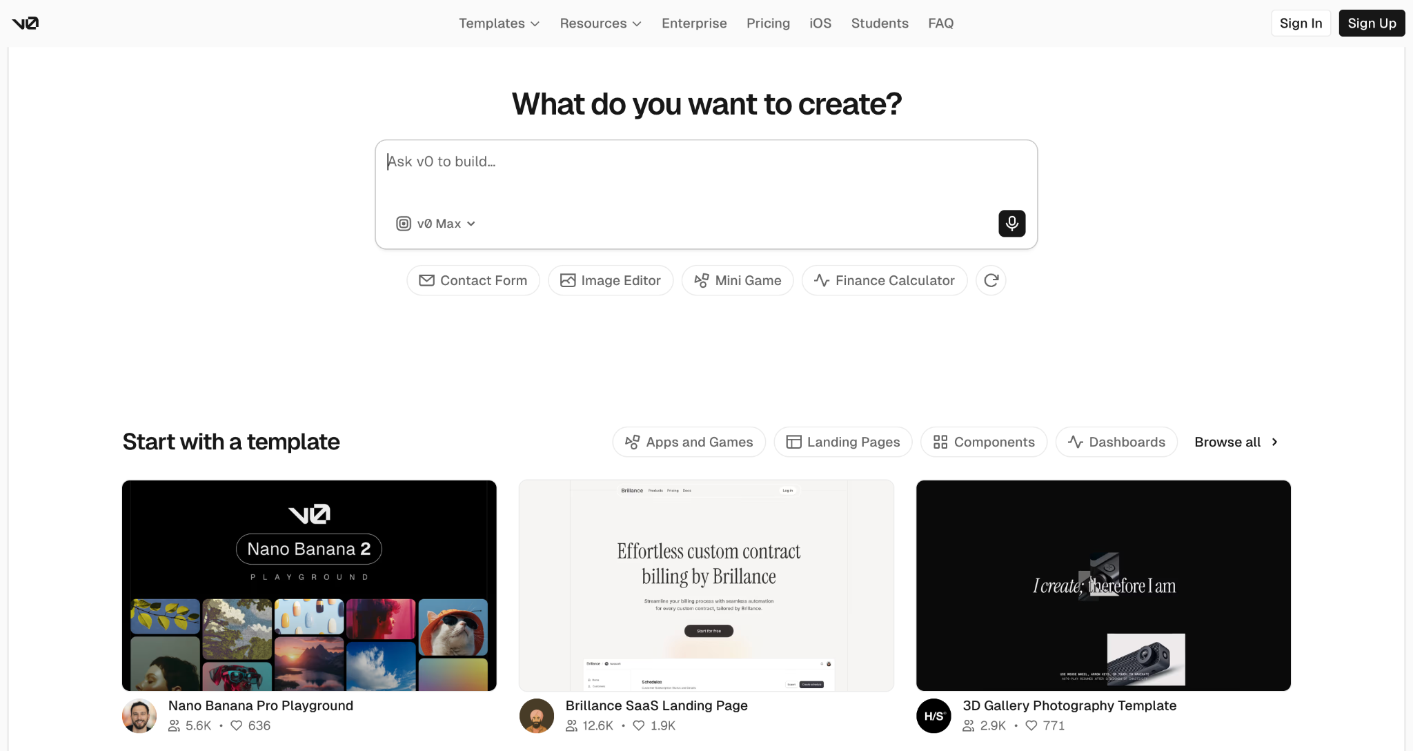 v0's landing page