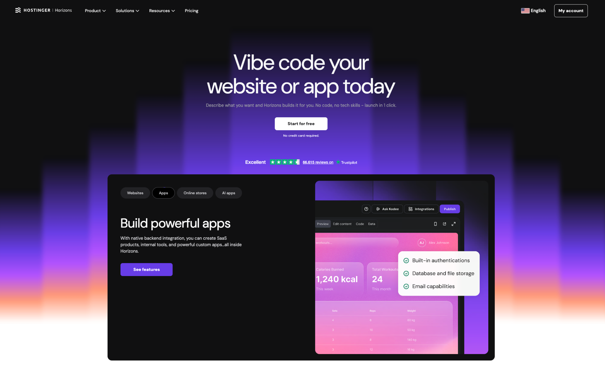 Hostinger Horizons' landing page
