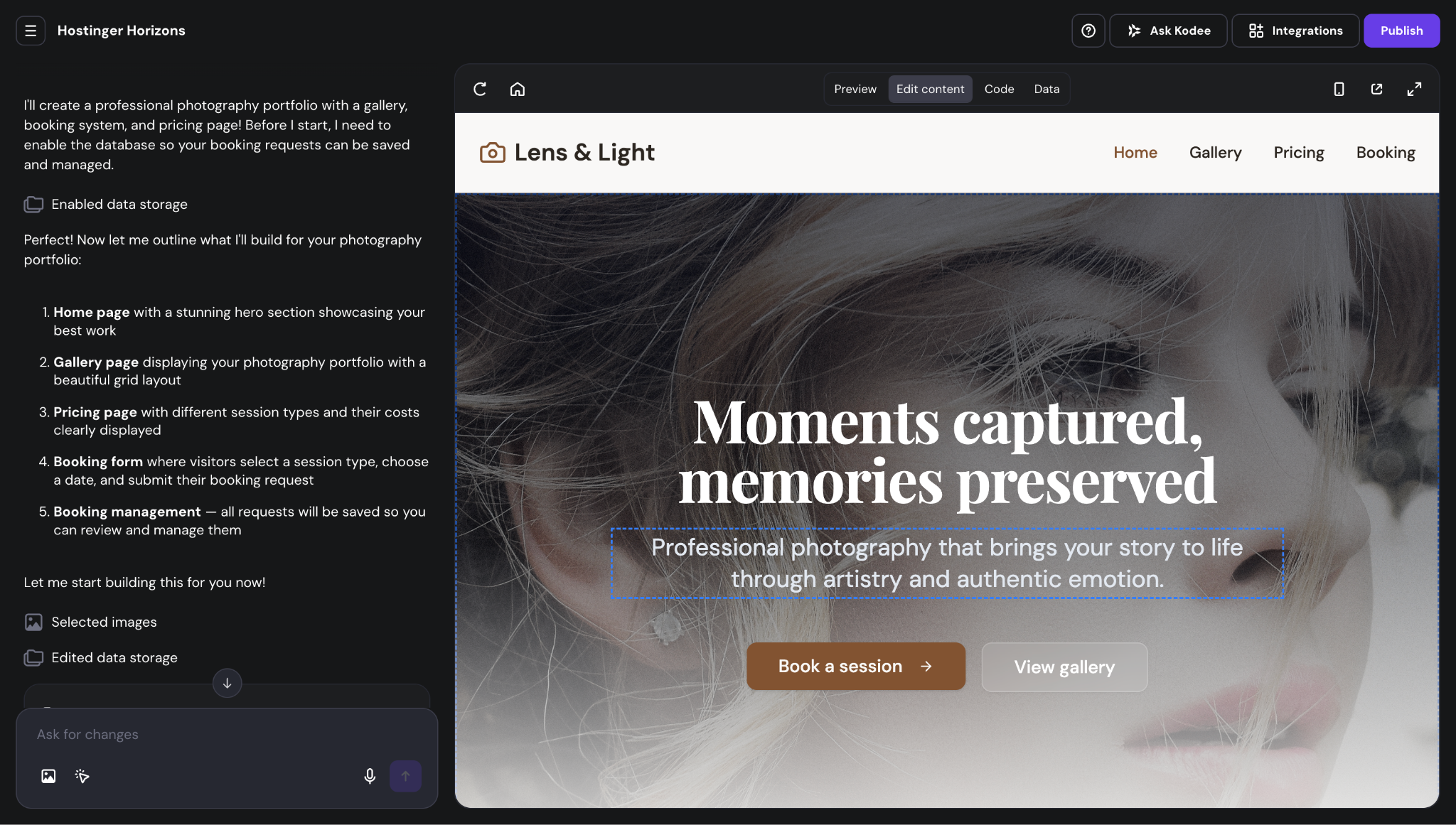 Hostinger Horizons' WYSIWYG editor