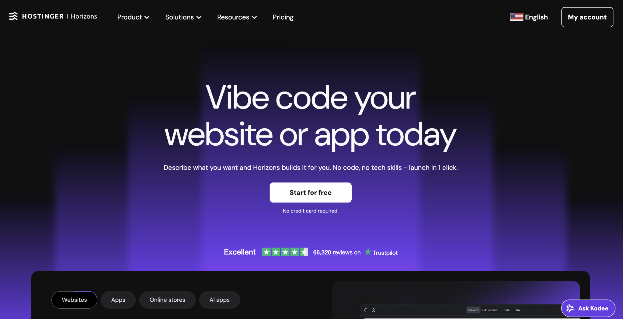 Hostinger Horizons landing page