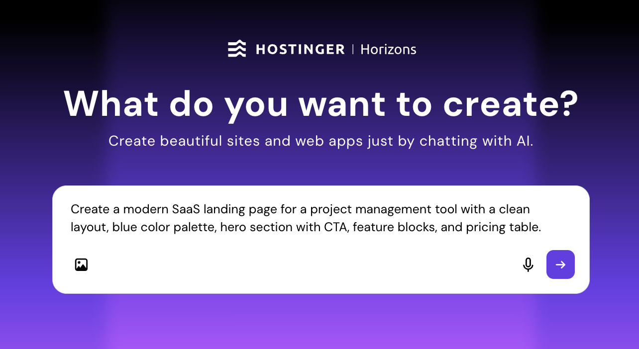 Hostinger Horizons creation panel with prompt to create a SaaS landing page