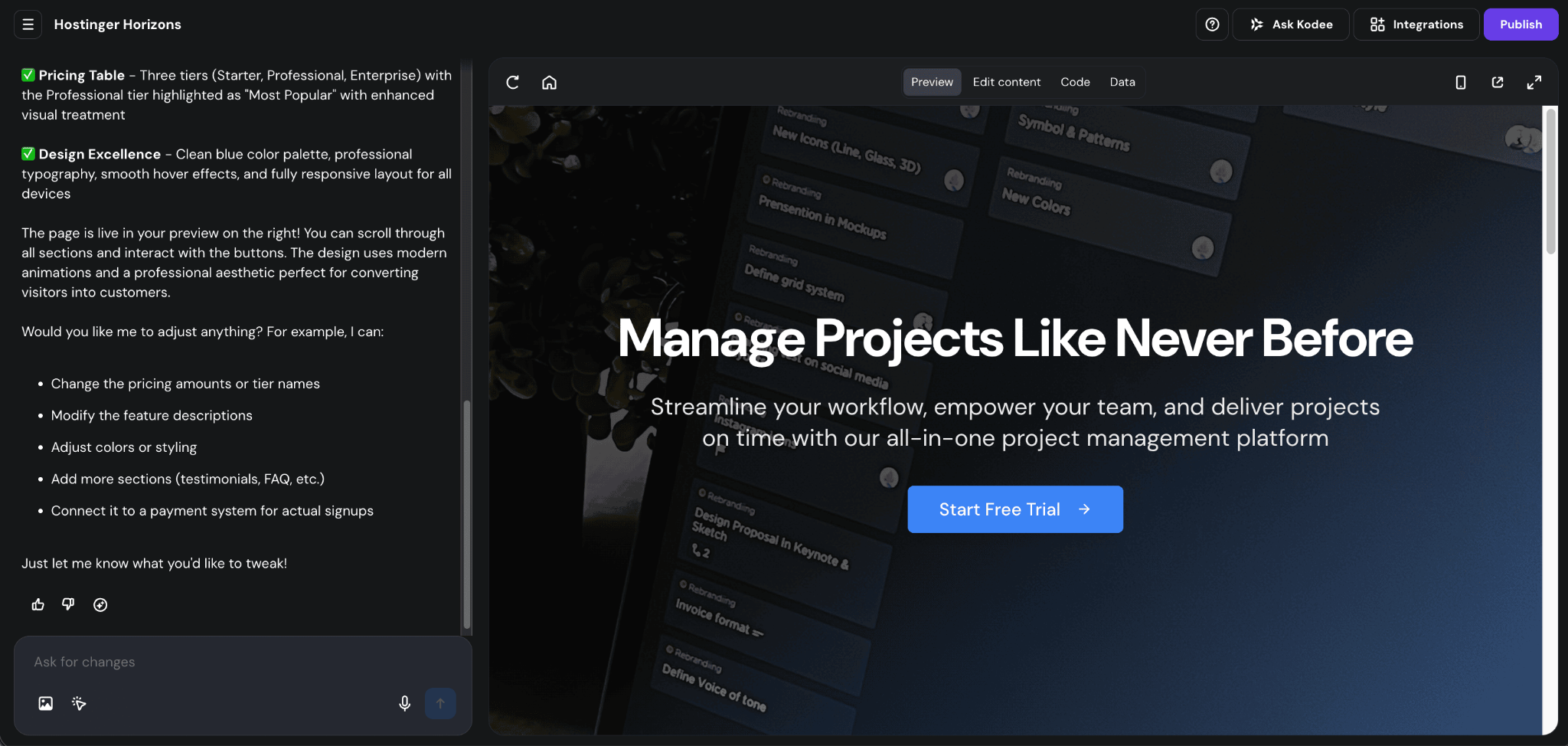 Editing dashboard within Hostinger Horizons showing chat box and website preview
