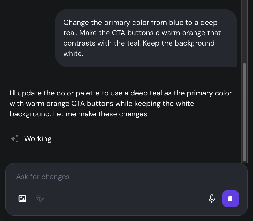 Chat panel within Hostinger Horizons showing a prompt to refine visuals of the website
