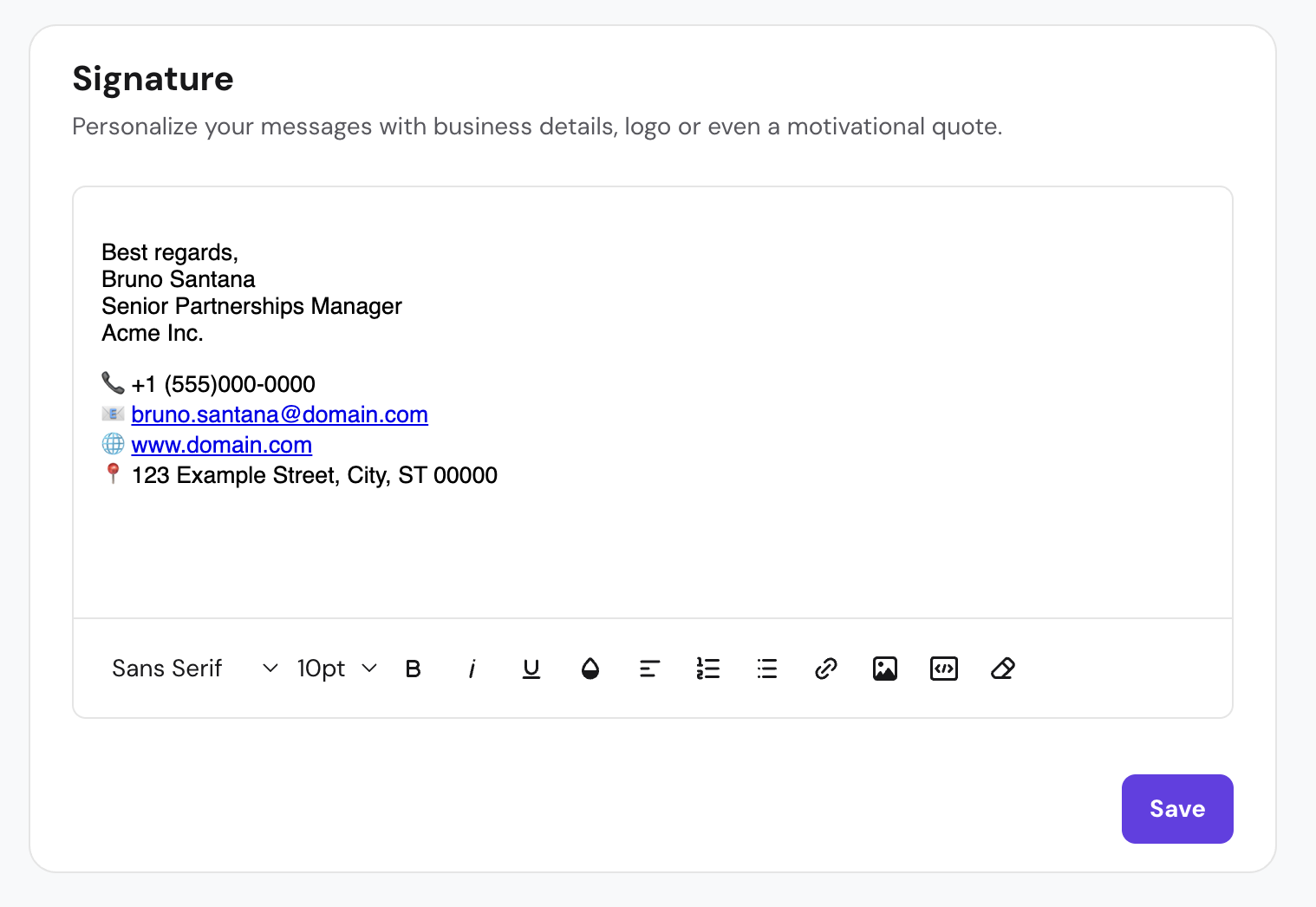 Hostinger Mail signature editor showing a completed professional signature with name, job title, company, phone number, email address, and website.