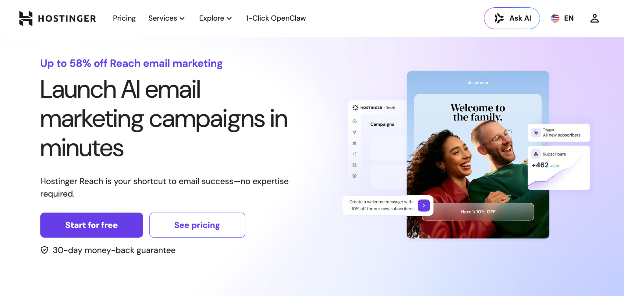 Hostinger Reach homepage with the headline 
