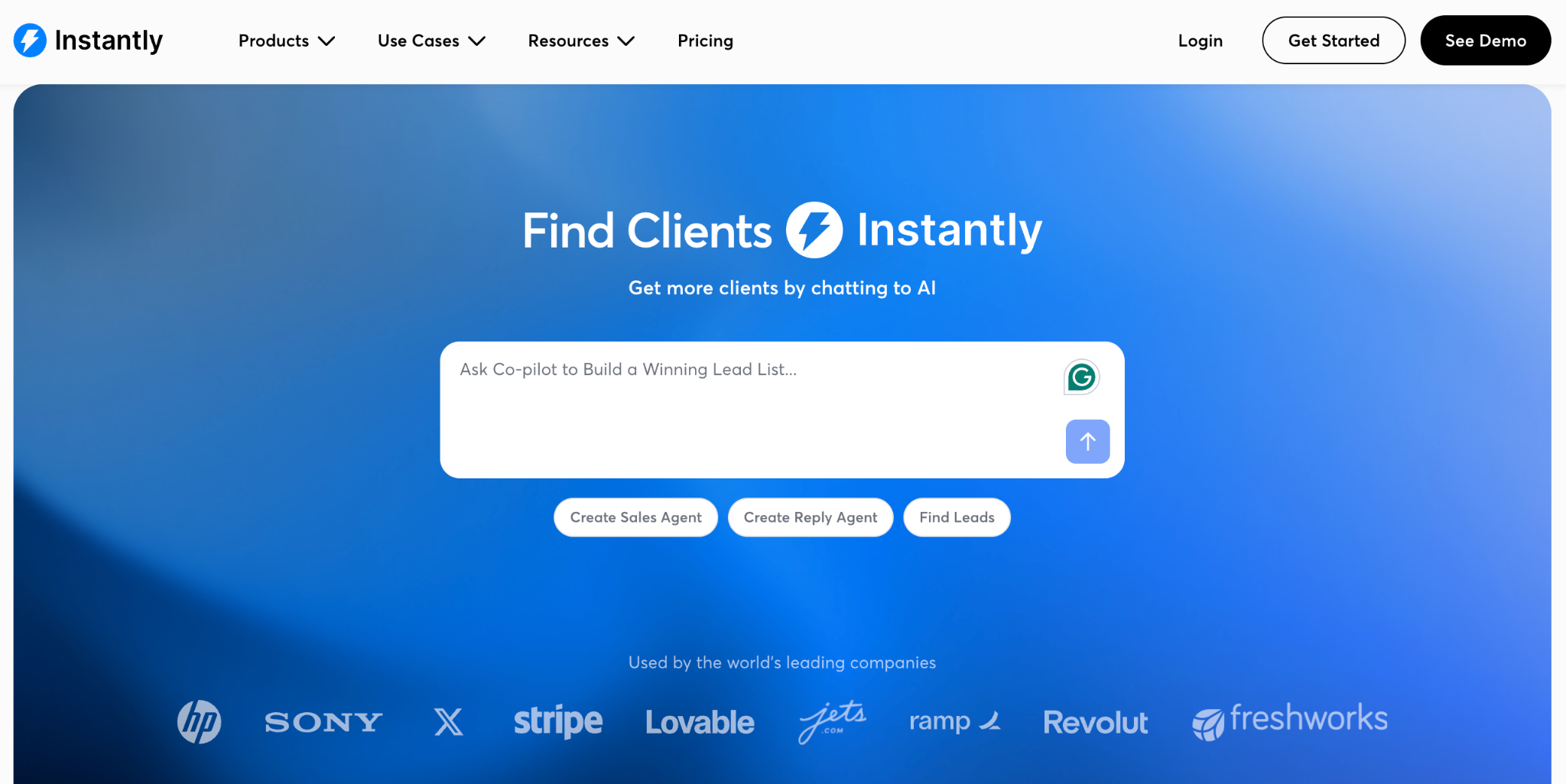 Instantly.ai homepage with the headline 