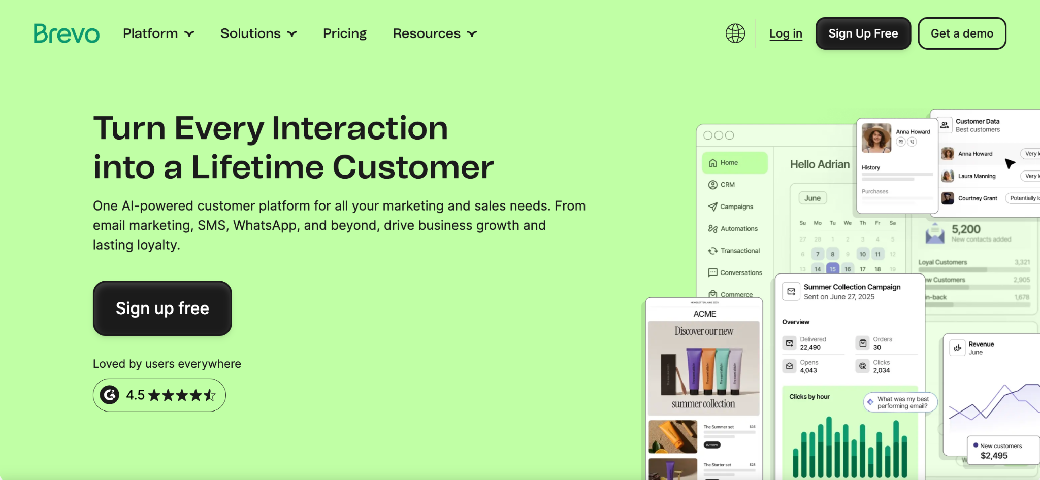 Brevo homepage showing the platform tagline and a product dashboard preview with CRM, campaigns, and automation features