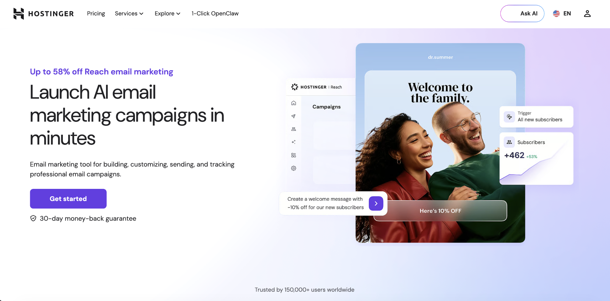 Hostinger Reach, AI-powered email marketing platform, landing page