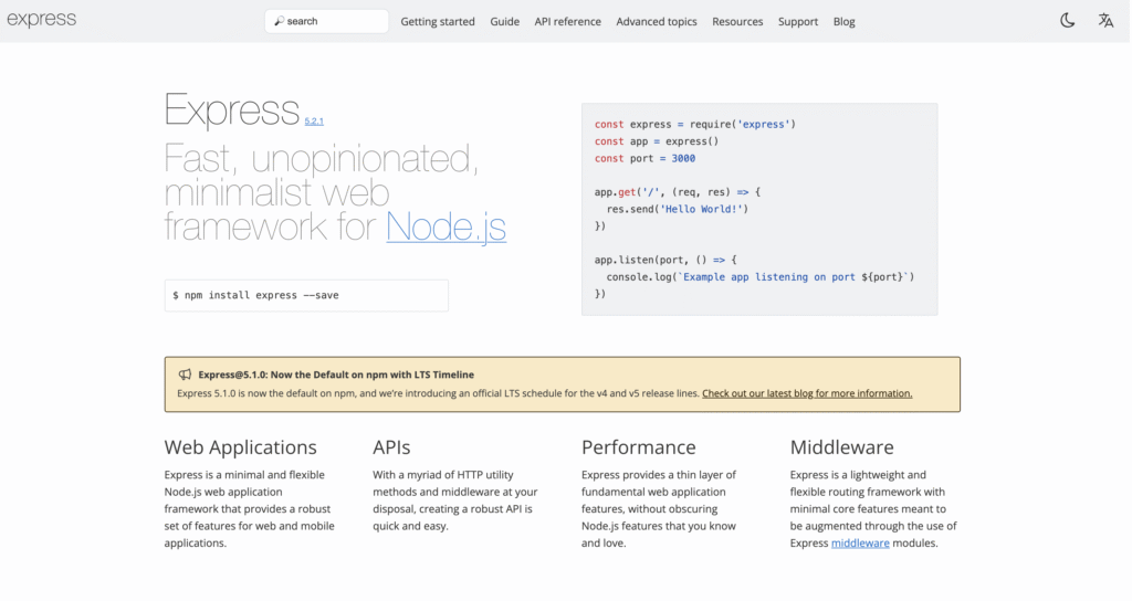 Express.js homepage highlighting its minimalist web framework for Node.js with a sample "Hello World" code snippet and key features.