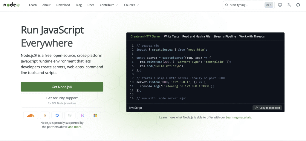 Node.js homepage showcasing JavaScript server code example and buttons to get Node.js and security support.