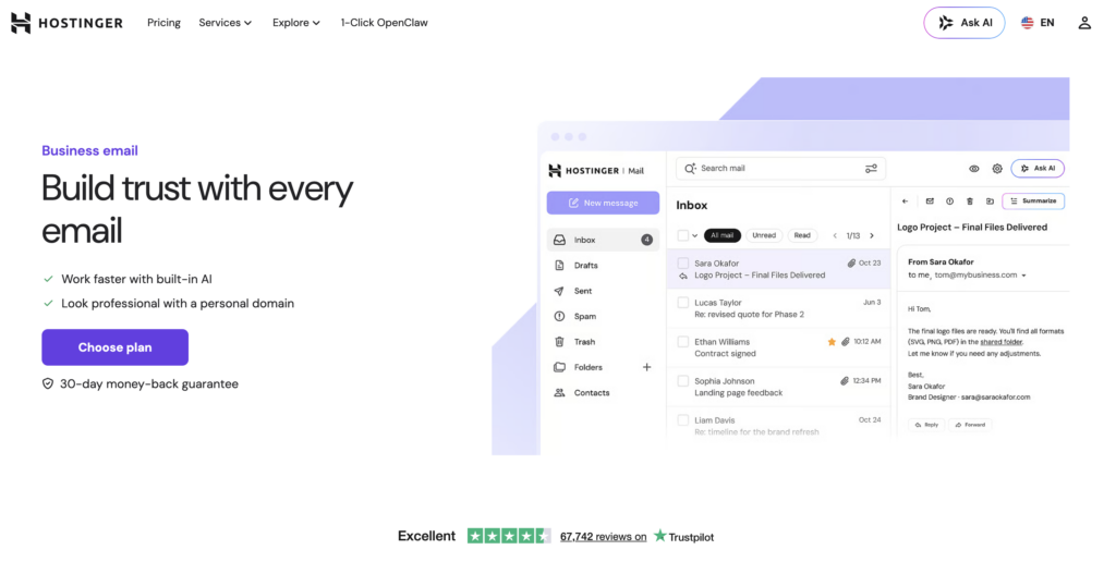 Hostinger email service interface promoting AI-powered business email with personal domain and 30-day money-back guarantee.