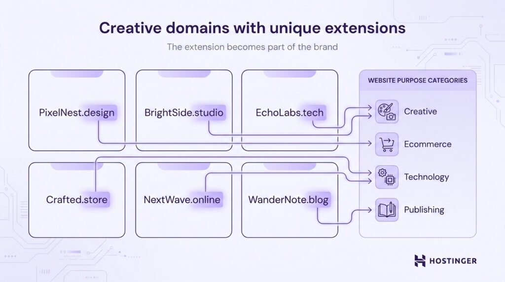 Diagram showing creative domain names with unique extensions linked to website categories such as creative work, ecommerce, technology, and publishing.
