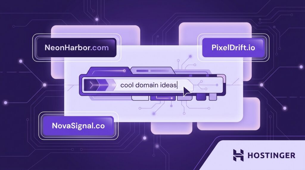 technical illustration showing cool domain name ideas. Stylized domain address bar as the central element, surrounded by floating panels with example domain names. Deep purple background with subtle circuit trace patterns and network node connectors.