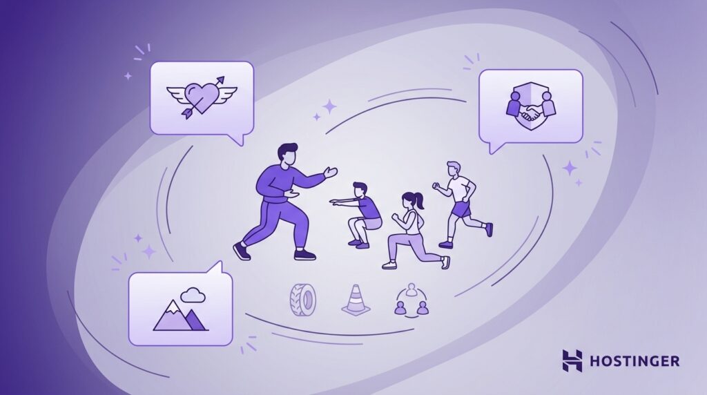 Fitness coach training a small group with icons representing teamwork, motivation, outdoor activities, and coaching support.
