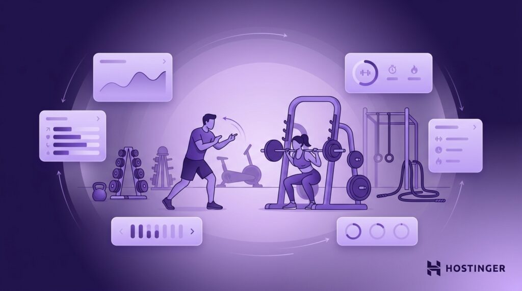 Personal trainer coaching a woman during a squat workout in a gym surrounded by fitness tracking and performance analytics interface elements.