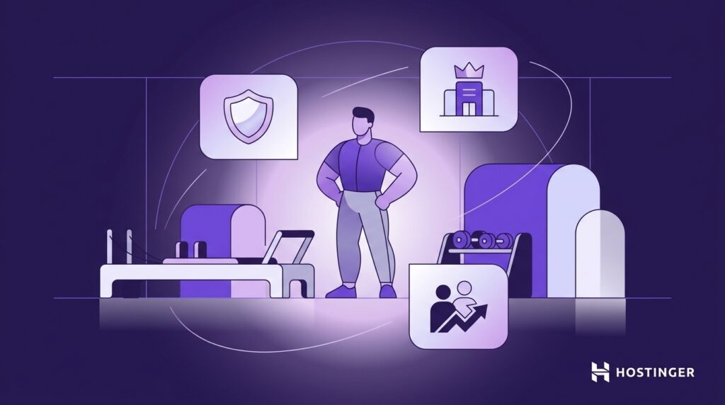 Man standing in a modern gym with icons representing security, premium fitness services, and performance growth.