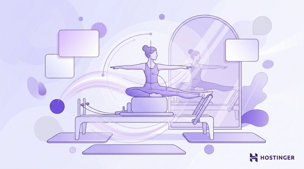 Woman practicing Pilates on a reformer machine in front of a mirror with flowing motion graphics and wellness-themed design elements.